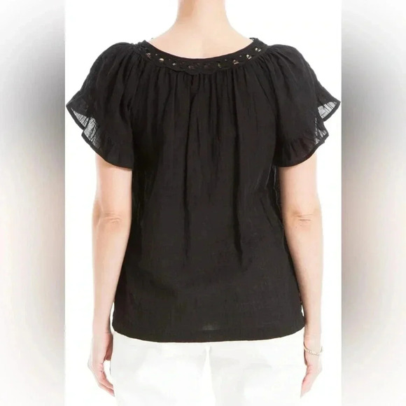 MAX STUDIO Black Flutter Sleeve Embroidered Neck Blouse / Size XS / - Picture 2 of 10